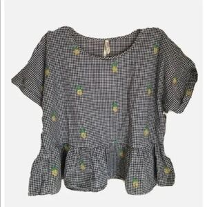 Girl Krazy Gingham Plaid Pineapple Print Peplum Blouse Women Size Large